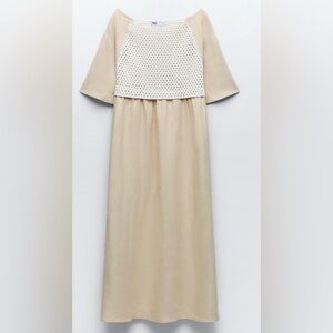 Zara Cream Linen Blend Crochet Minimalist Maternity Midi Dress